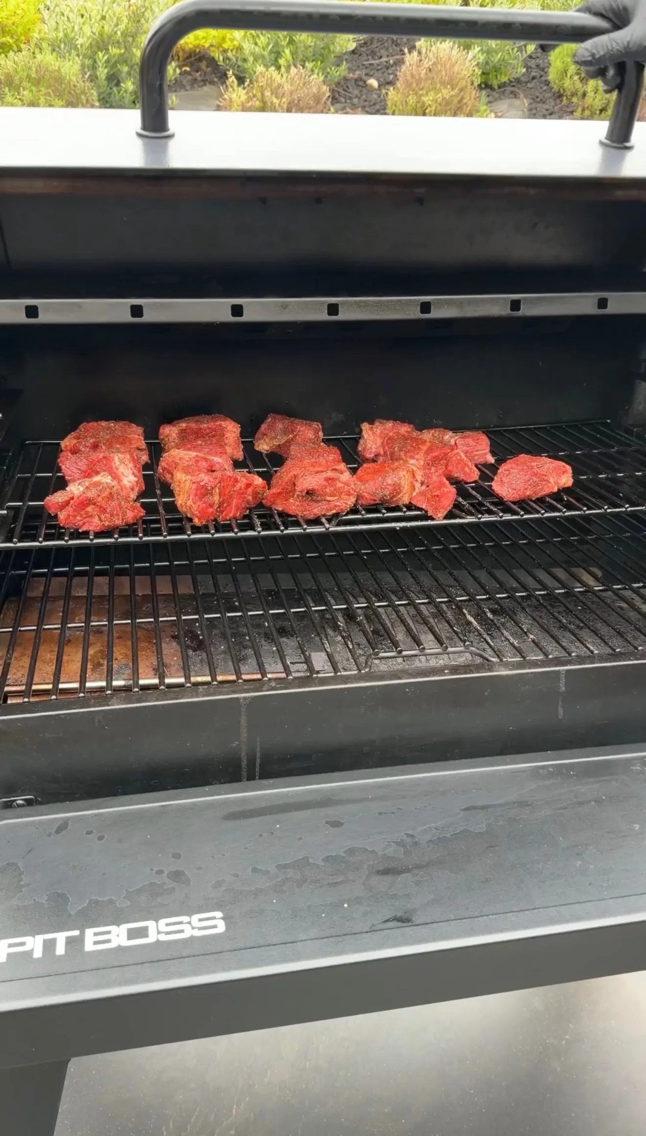 Raw seasoned beef chunks smoking on black grill grates in Pit Boss pellet smoker for Dr Pepper pulled beef sandwiches