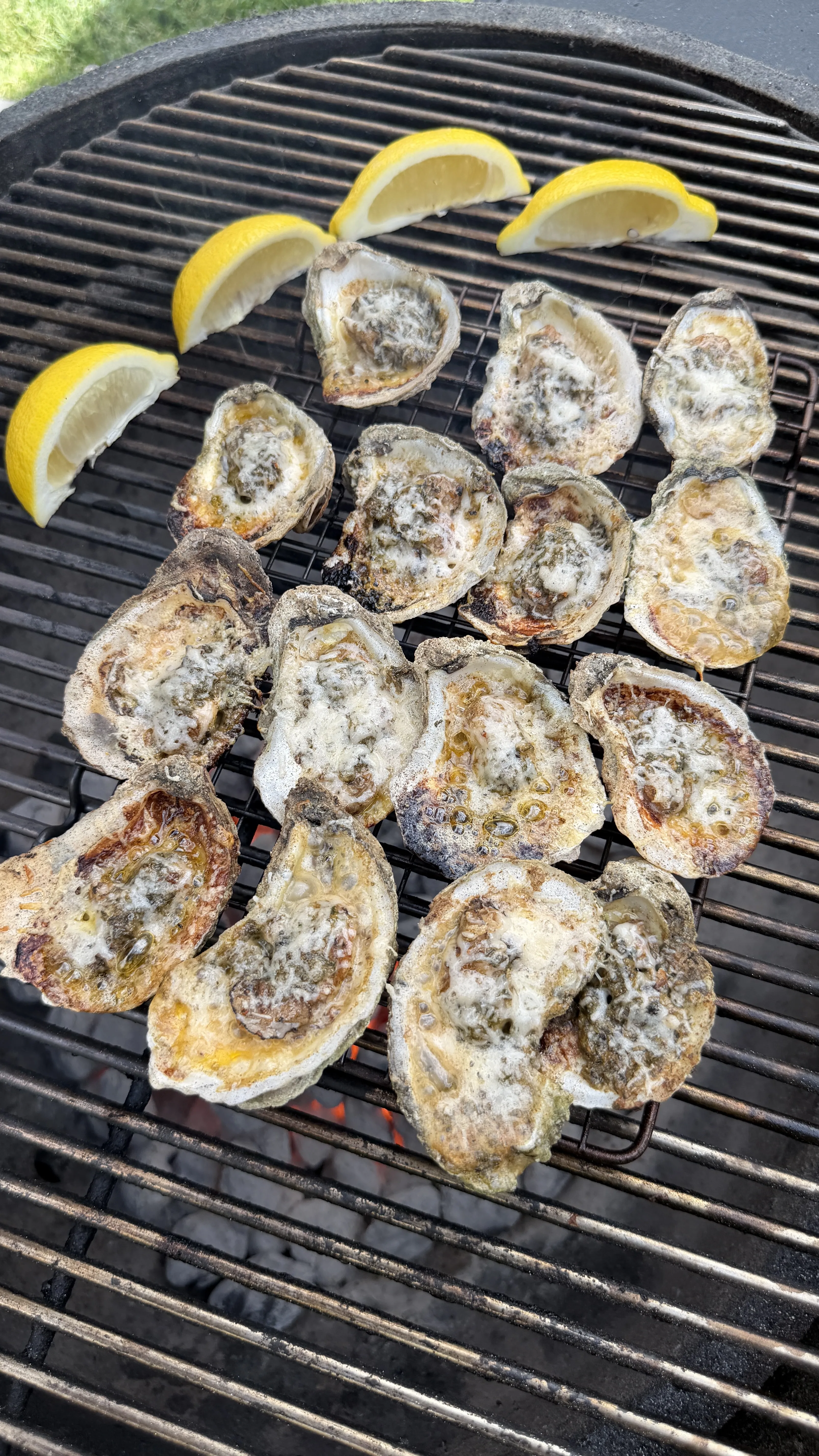 Grilled garlic herb parmesan oysters with melted cheese bubbling on a barbecue grill