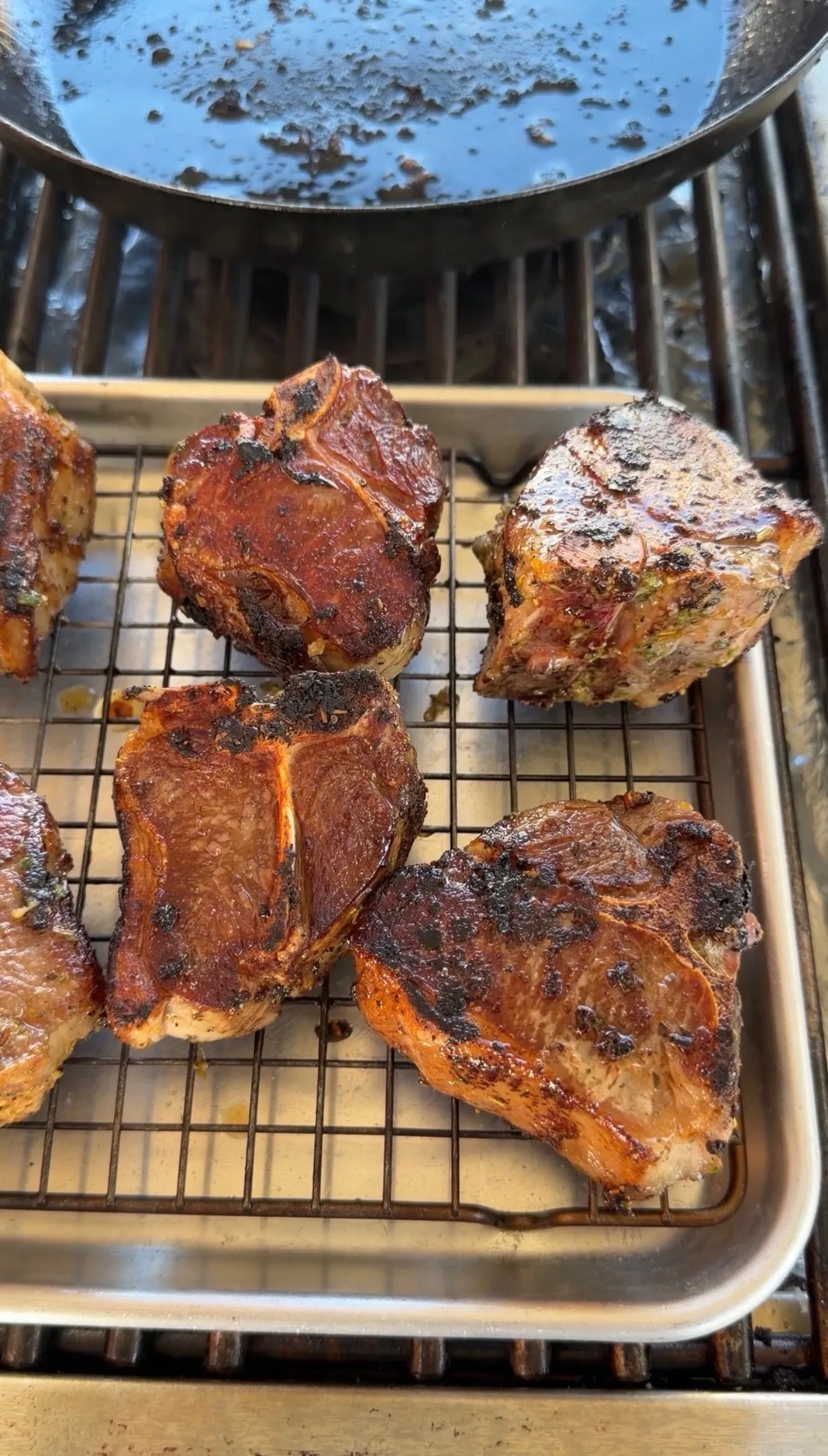Grilled garlic and herb lamb loin chops with golden-brown crust cooling on wire rack in baking sheet