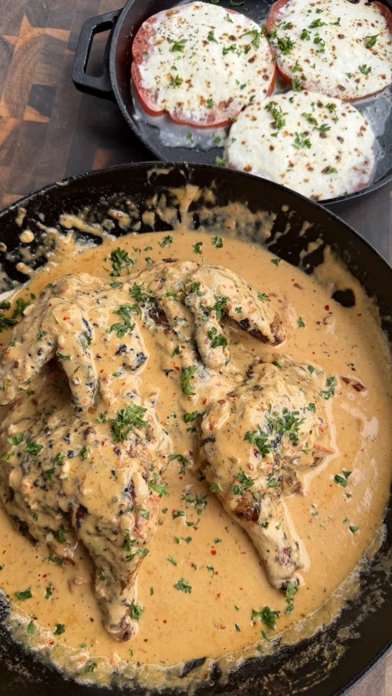 Spatchcock chicken in creamy herb sauce in cast iron skillet with melted cheese tomato slices in background