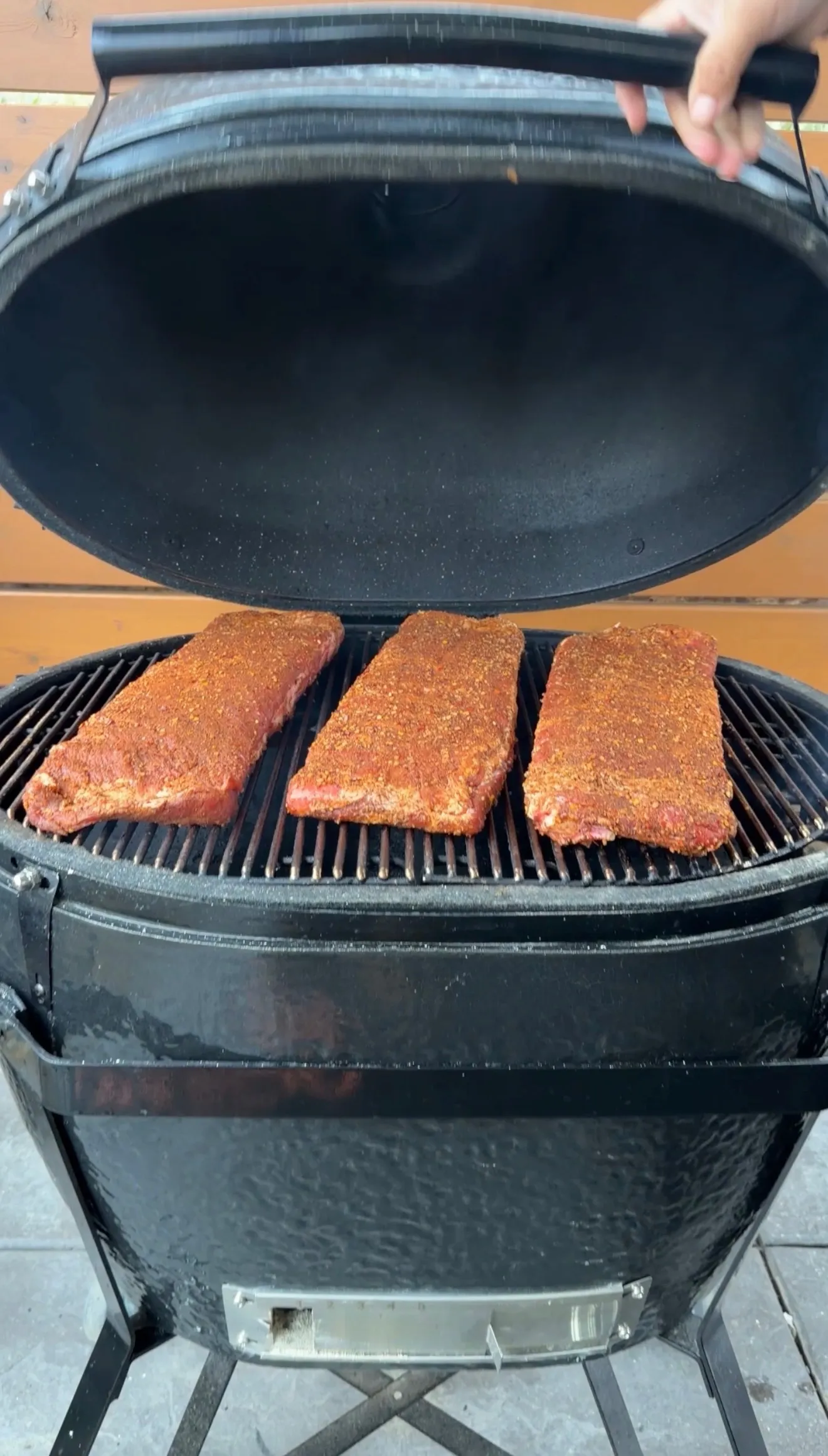 Peach bourbon glazed ribs on Big Green Egg grill