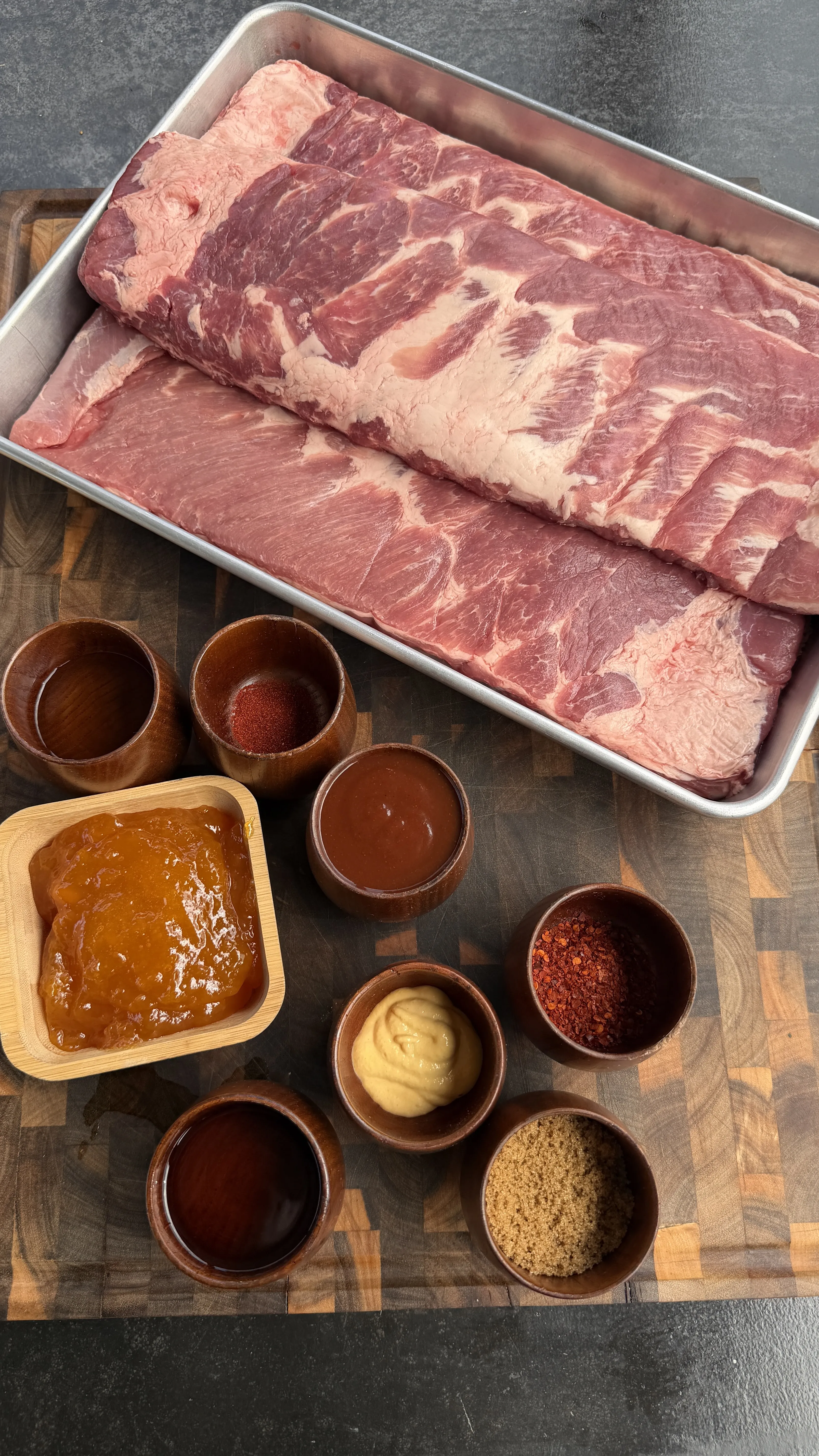 Raw pork ribs with peach bourbon glaze ingredients