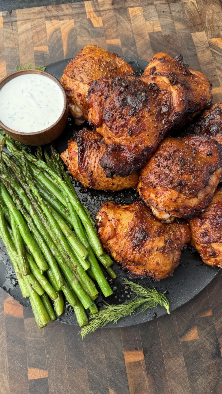 Golden brown smoked harissa chicken thighs on black slate with grilled asparagus and white dipping sauce