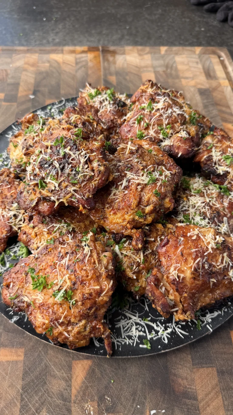 Golden-brown grilled chicken thighs topped with melted parmesan cheese and fresh herbs in a black skillet