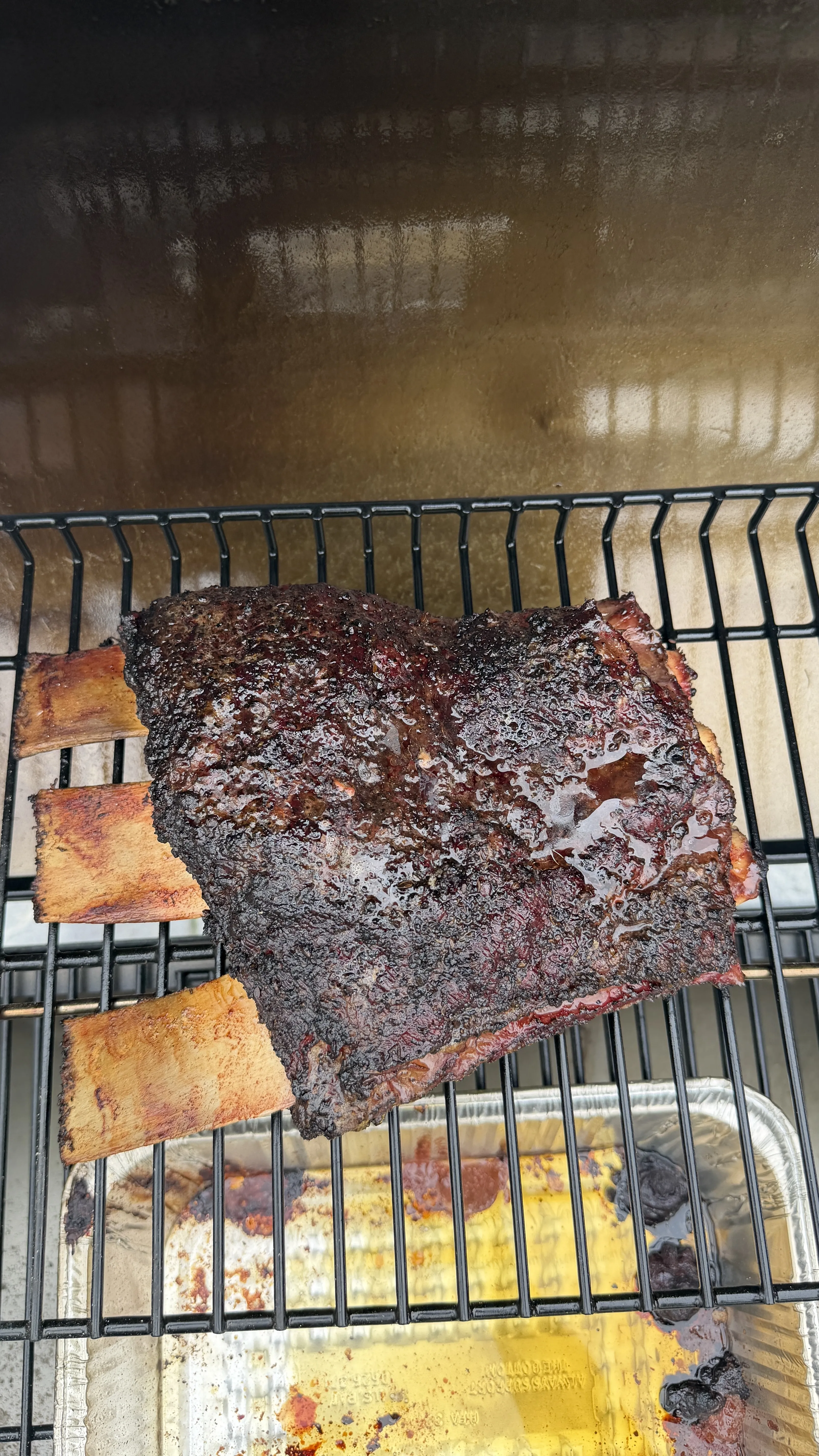 Hickory smoked beef plate ribs with dark bark crust resting on smoker grates, bone ends exposed