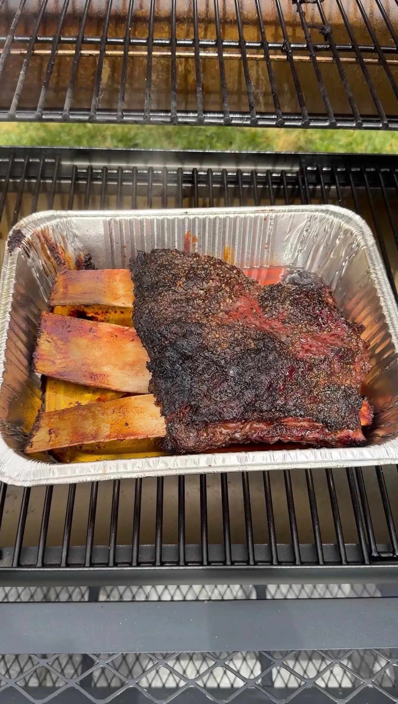 Hickory smoked beef plate ribs with dark bark crust in an aluminum pan inside a pellet smoker