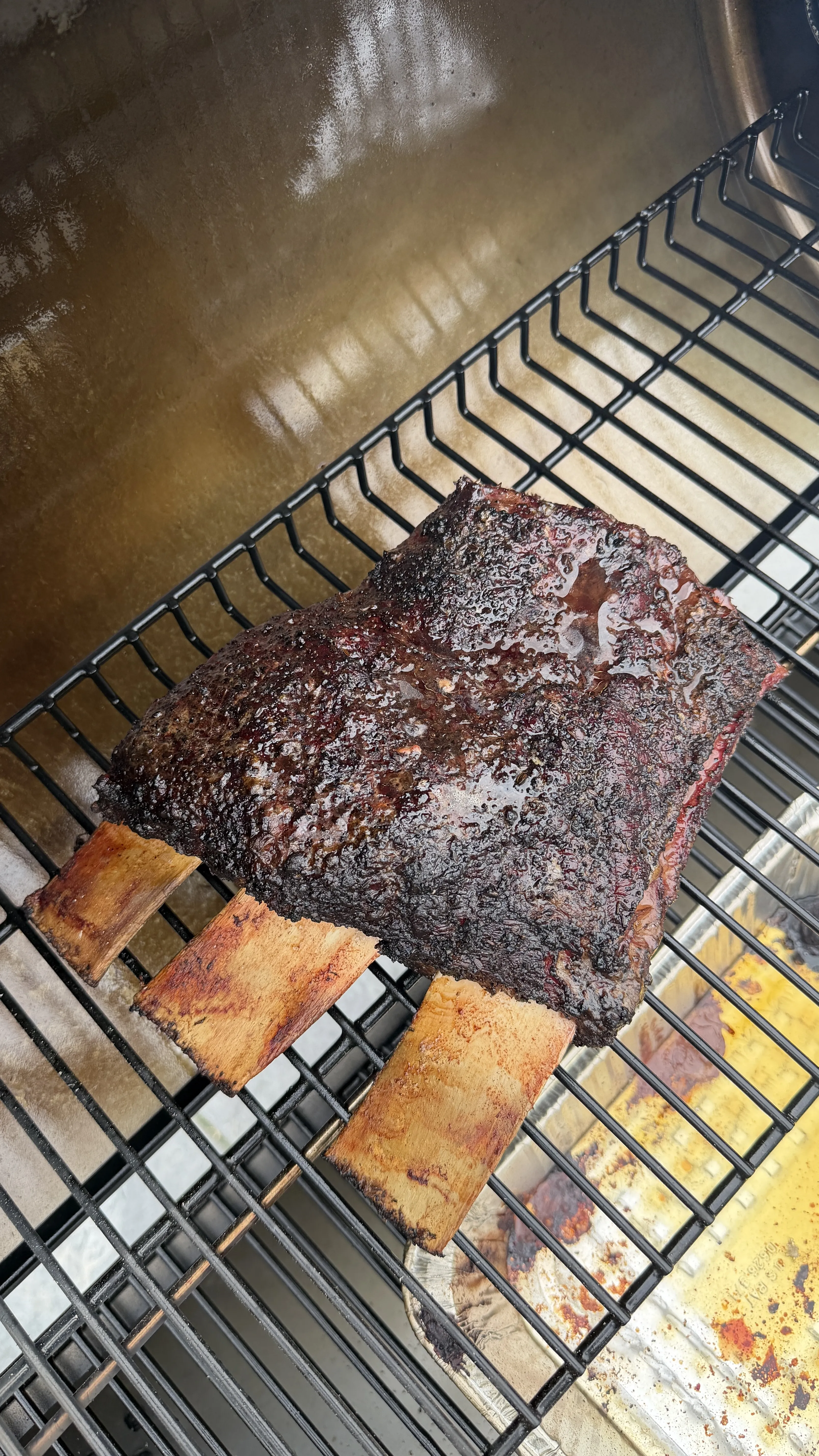 Hickory smoked beef plate ribs with dark bark crust resting on grill grates inside a smoker
