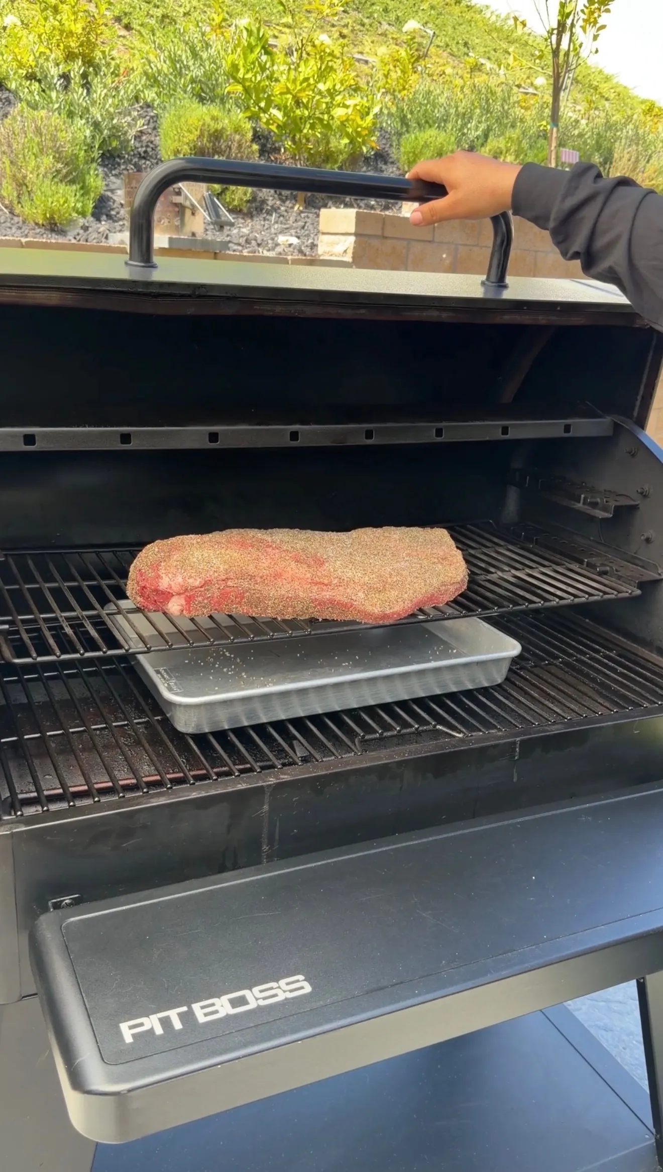 Raw beef brisket coated in dry rub on a wire rack inside a Pit Boss pellet smoker