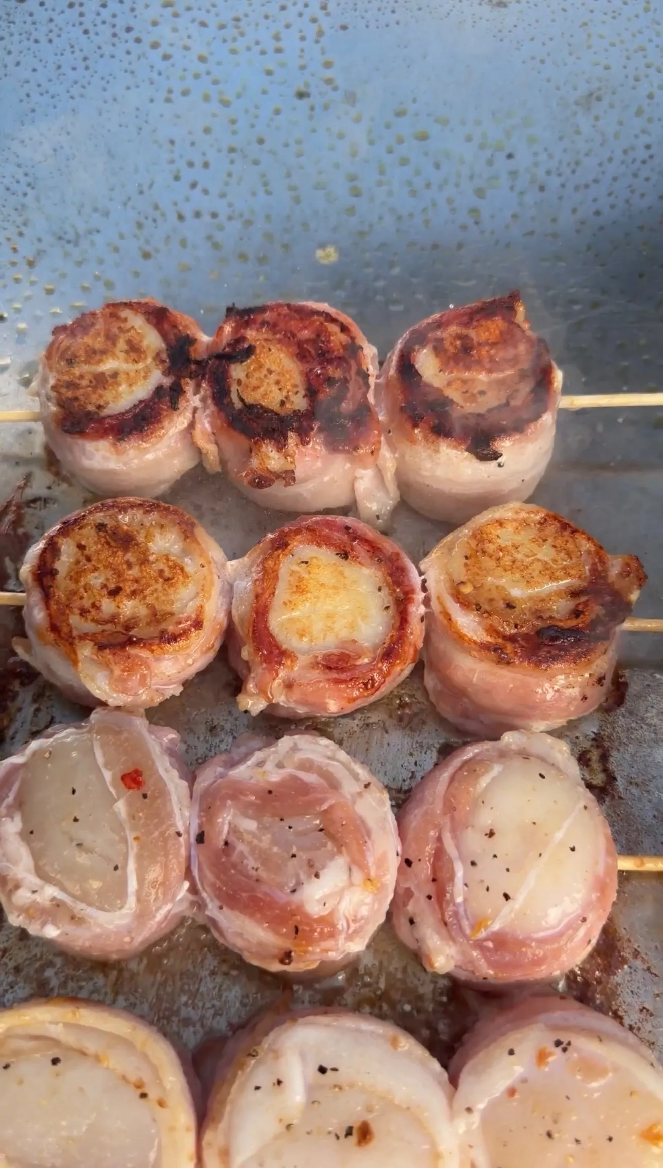 Bacon-wrapped scallops on skewers at various stages of cooking, showing golden-seared tops on a grill pan