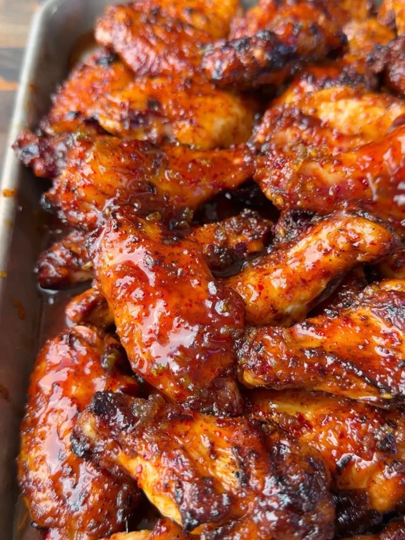 Sticky honey garlic chicken wings with caramelized glaze piled on a metal baking sheet