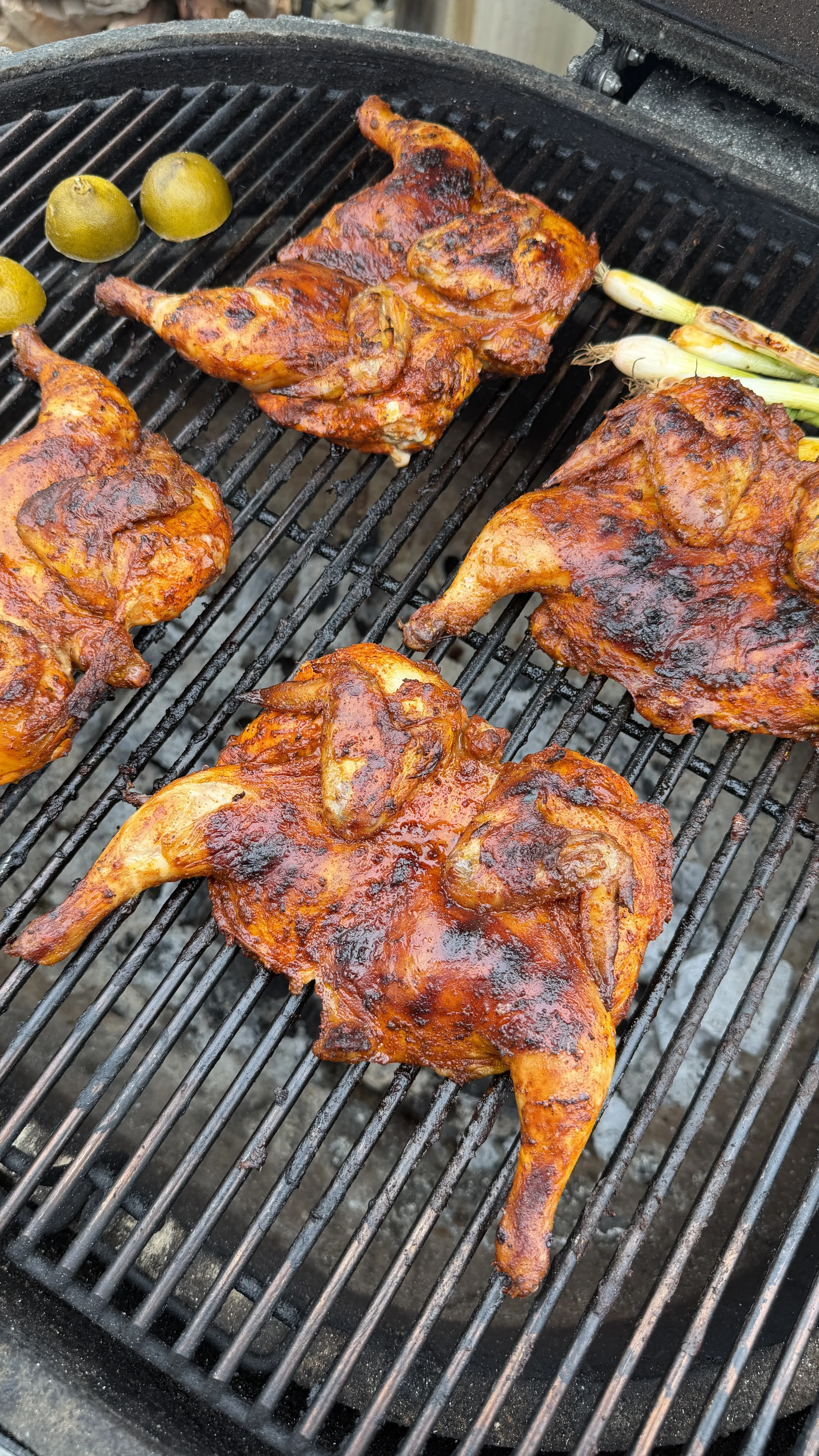 Four spatchcocked pollo asado Cornish hens grilling on a charcoal grate with limes and green onions