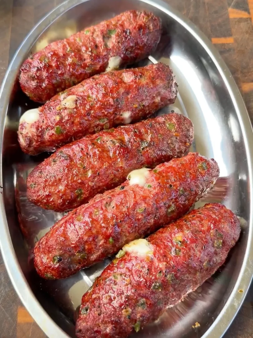 Six grilled cheese-stuffed burger dogs arranged in an oval stainless steel serving dish on a wooden board