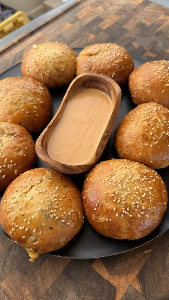 Golden sesame-topped cheeseburger bombs arranged on a dark plate with creamy dipping sauce in a wooden bowl