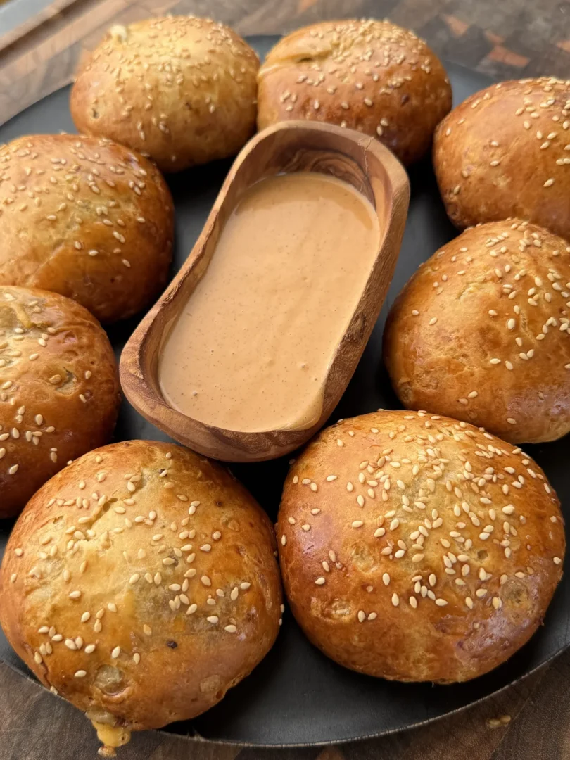 Golden sesame-topped cheeseburger bombs arranged on a dark plate with creamy dipping sauce in a wooden bowl