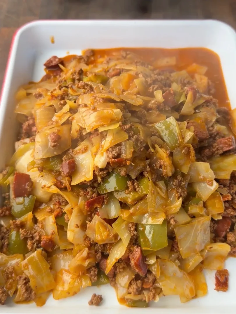 Viral Dirty Cabbage with ground chuck, kielbasa, bacon, green bell pepper, and cabbage in Creole-seasoned sauce