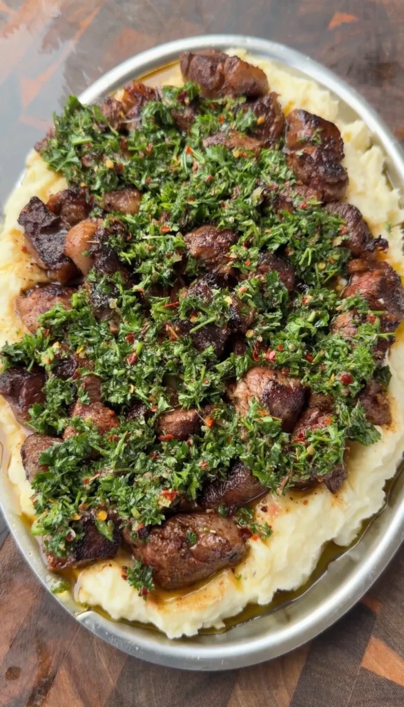 Pan-seared ribeye steak bites over creamy mashed potatoes topped with fresh parsley chimichurri on an oval platter