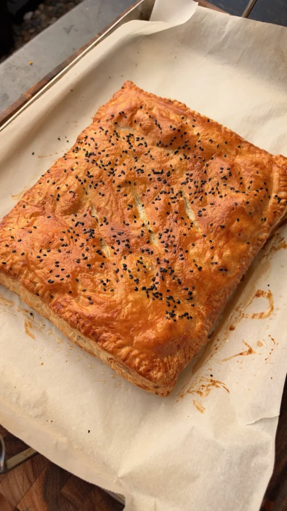 Golden baked smoked brisket stuffed puff pastry hot pocket topped with black sesame seeds on parchment-lined baking sheet
