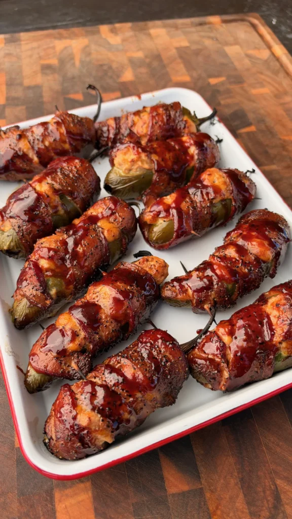 Bacon-wrapped smoked brisket-stuffed jalapeño boats with caramelized BBQ glaze on a white enamel tray