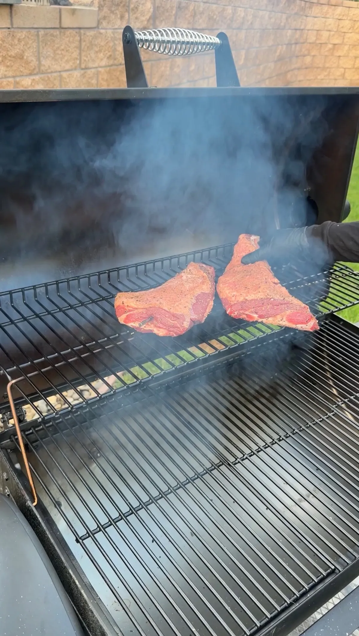 Two seasoned tri-tips on the upper rack of a smoker at 250°F, with smoke billowing around the meat