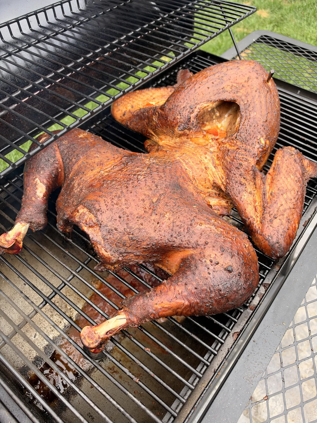 Cajun-seasoned frog-style turkey with deep mahogany bark resting on smoker grates after applewood smoking