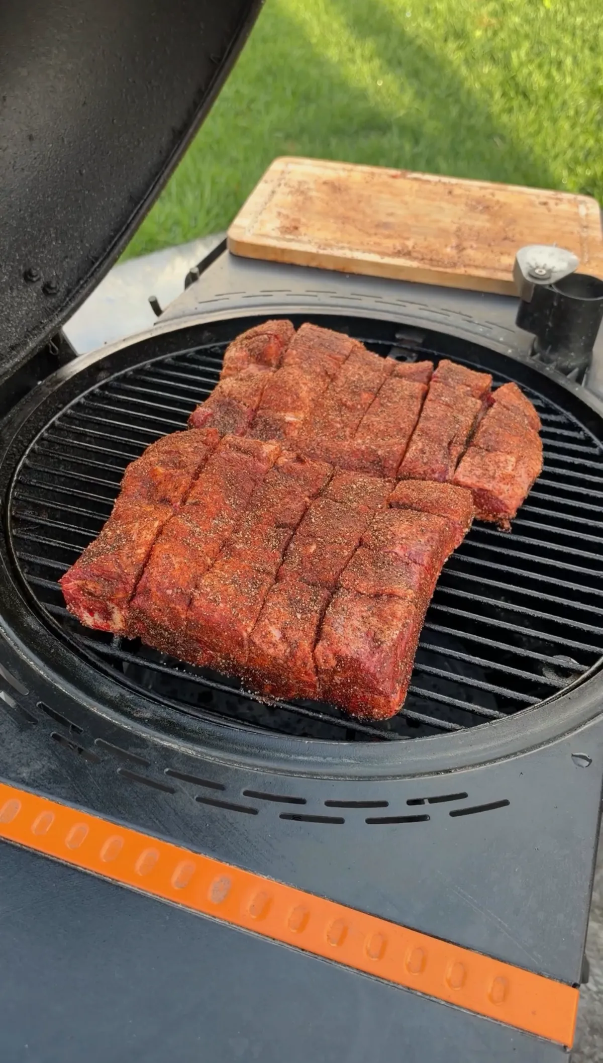 Dry-rubbed beef short ribs with scored fat cap placed on a round charcoal smoker grill grate